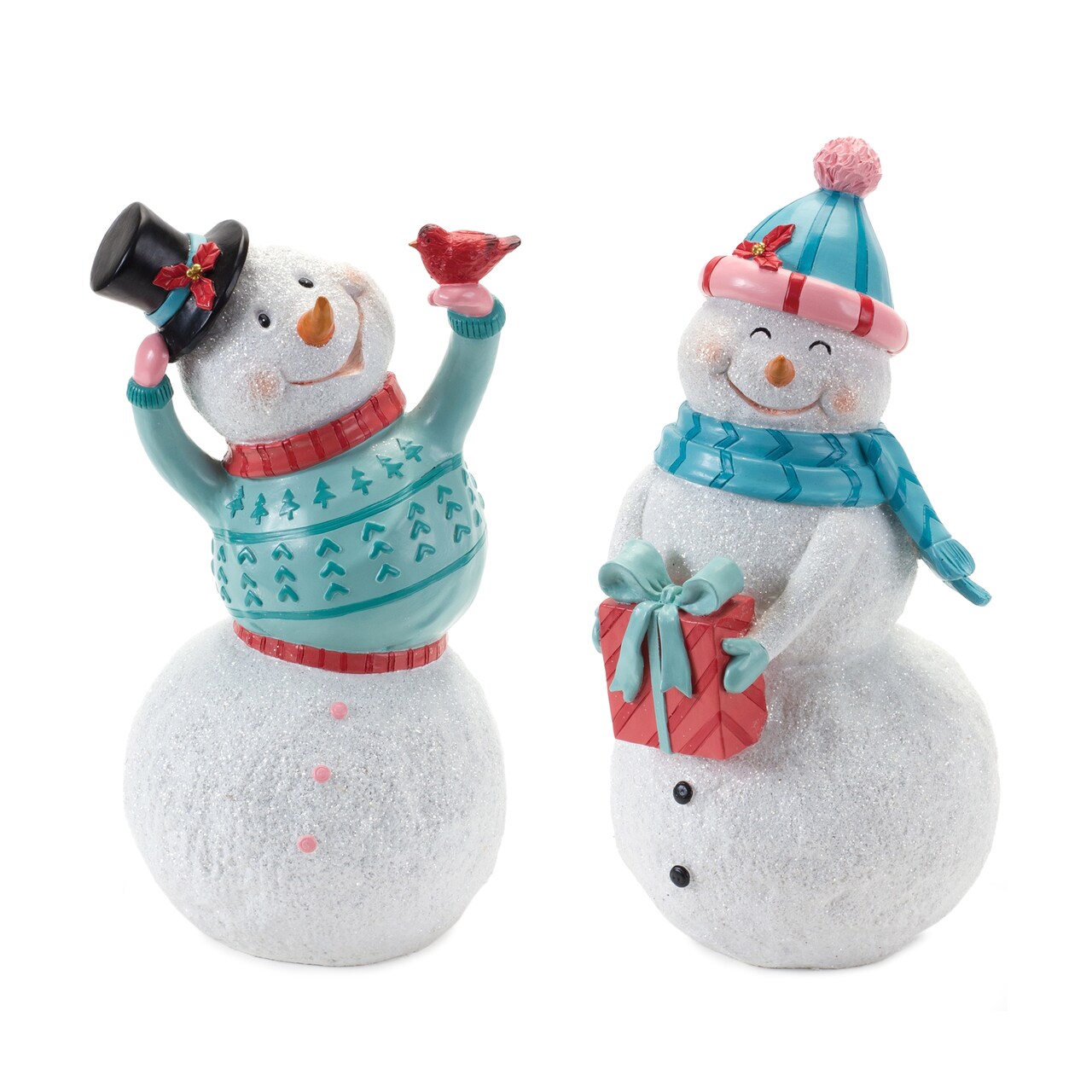 Winter Snowman Figurine Set of 2 Resin Holiday Tabletop Decor Blue White